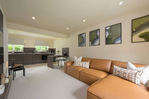 Open-plan living space with tan leather sofa and kitchen behind